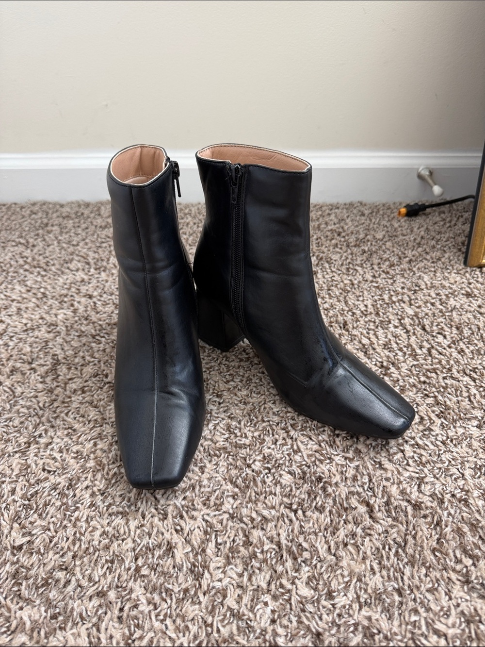 Black Square-Toe Block Heel Ankle Boots
